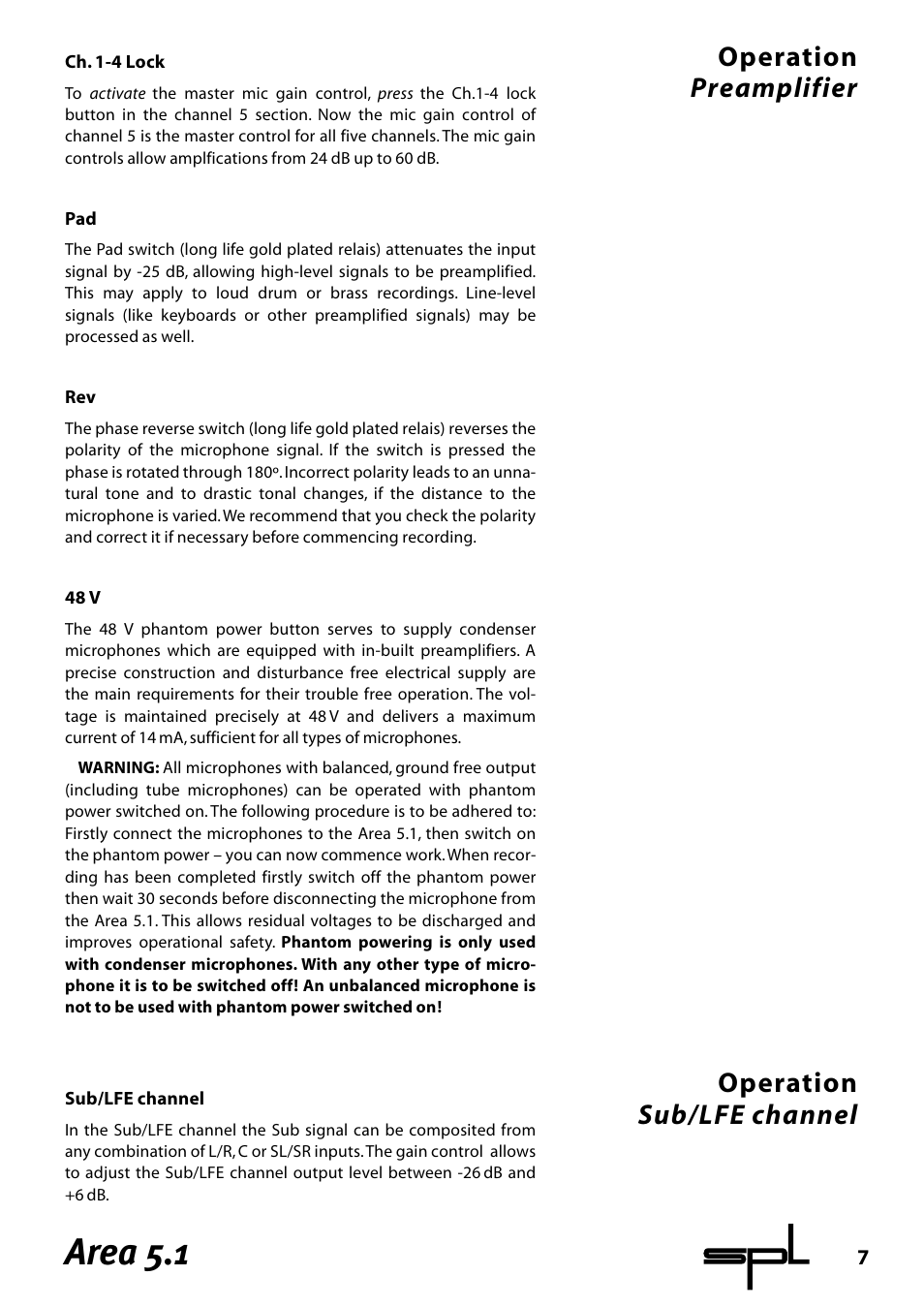 Area 5.1, Operation preamplifier, Operation sub/lfe channel | Sound Performance Lab Area 5.1 User Manual | Page 7 / 12