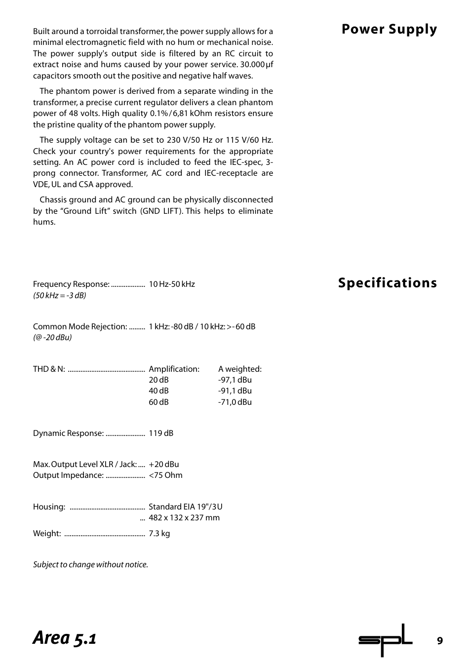 Area 5.1, Power supply specifications | Sound Performance Lab Area 5.1 User Manual | Page 9 / 12