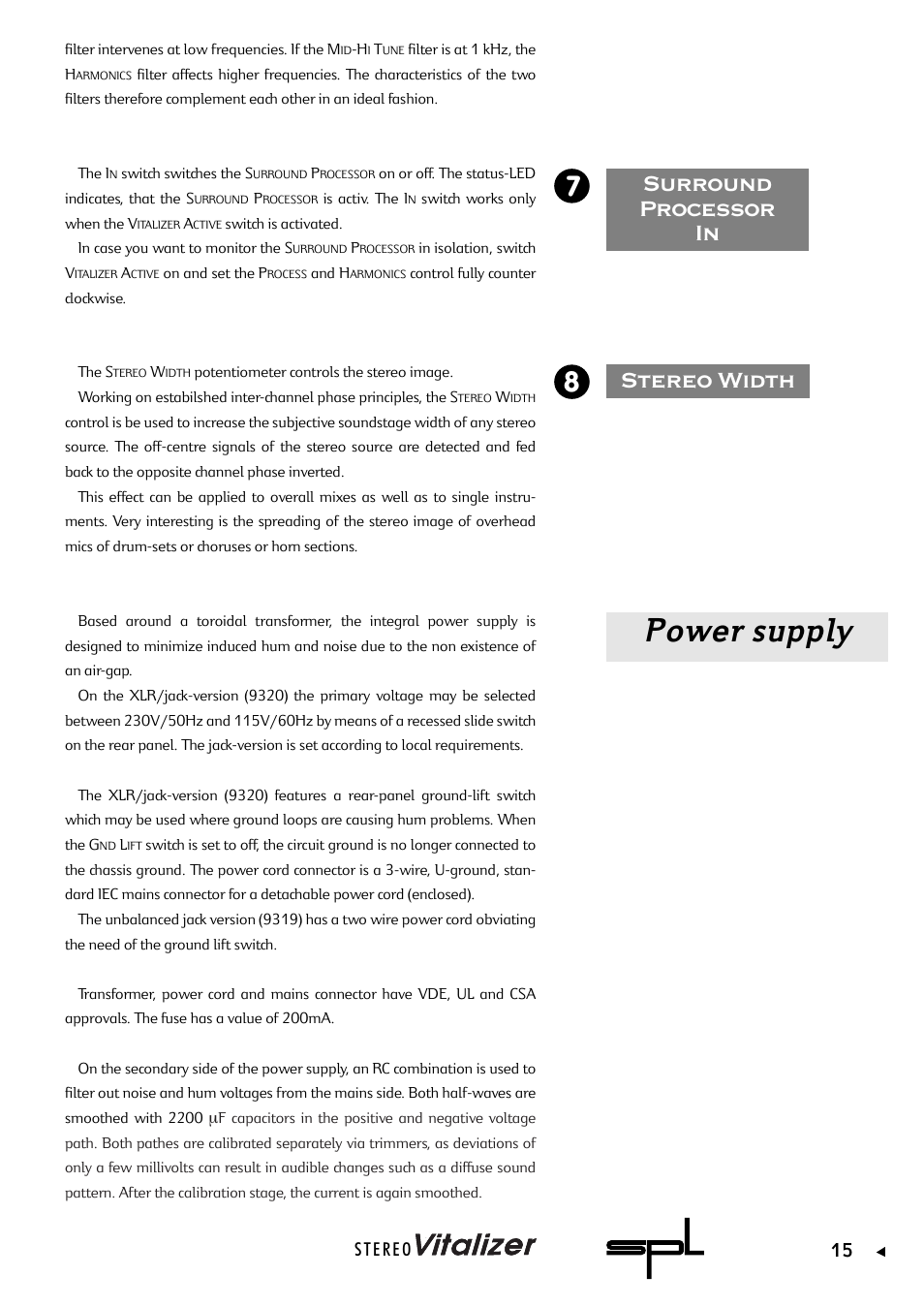 Power supply, Stereo width 8, Surround processor in 7 | Sound Performance Lab 9320 User Manual | Page 15 / 17