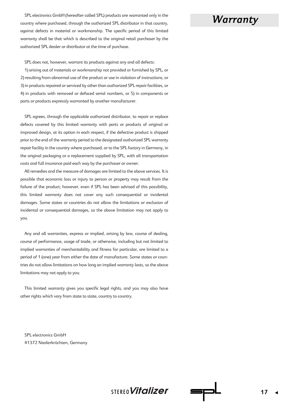 Warranty | Sound Performance Lab 9320 User Manual | Page 17 / 17