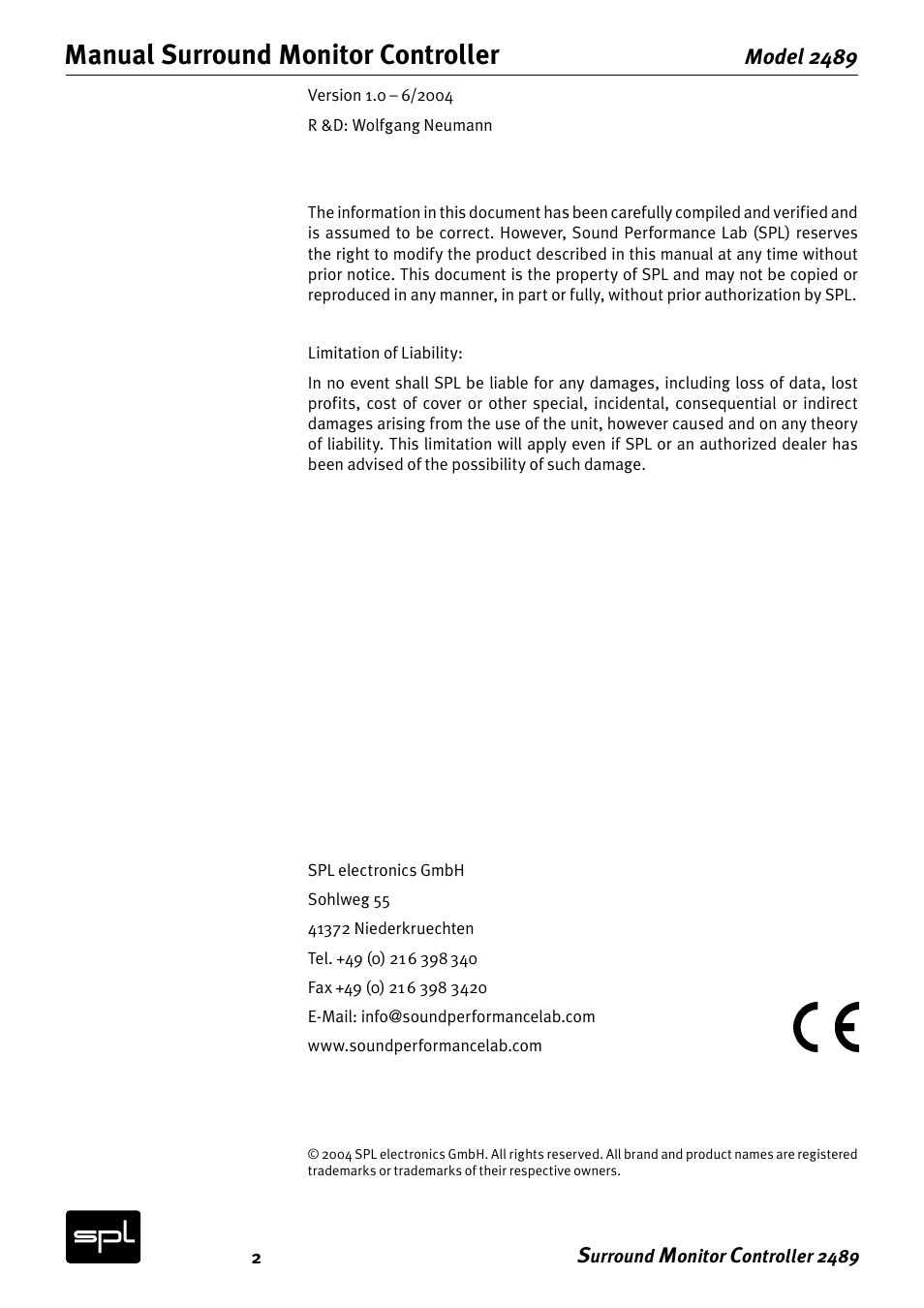 Manual surround monitor controller | Sound Performance Lab Surround Monitor Controller 2489 User Manual | Page 2 / 12