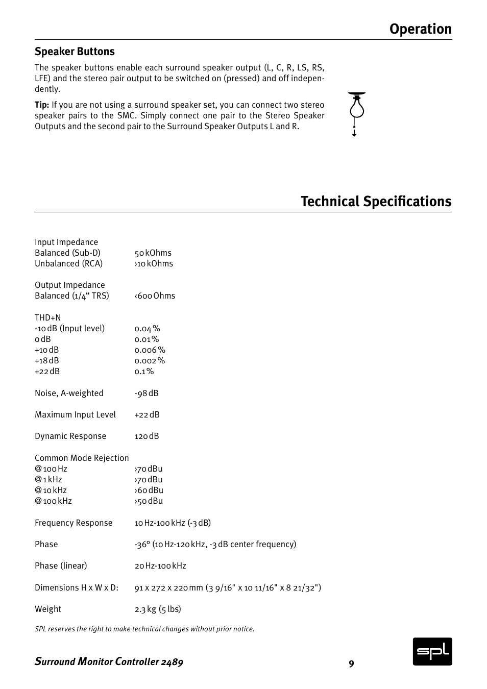 Operation technical specifications, Speaker buttons | Sound Performance Lab Surround Monitor Controller 2489 User Manual | Page 9 / 12