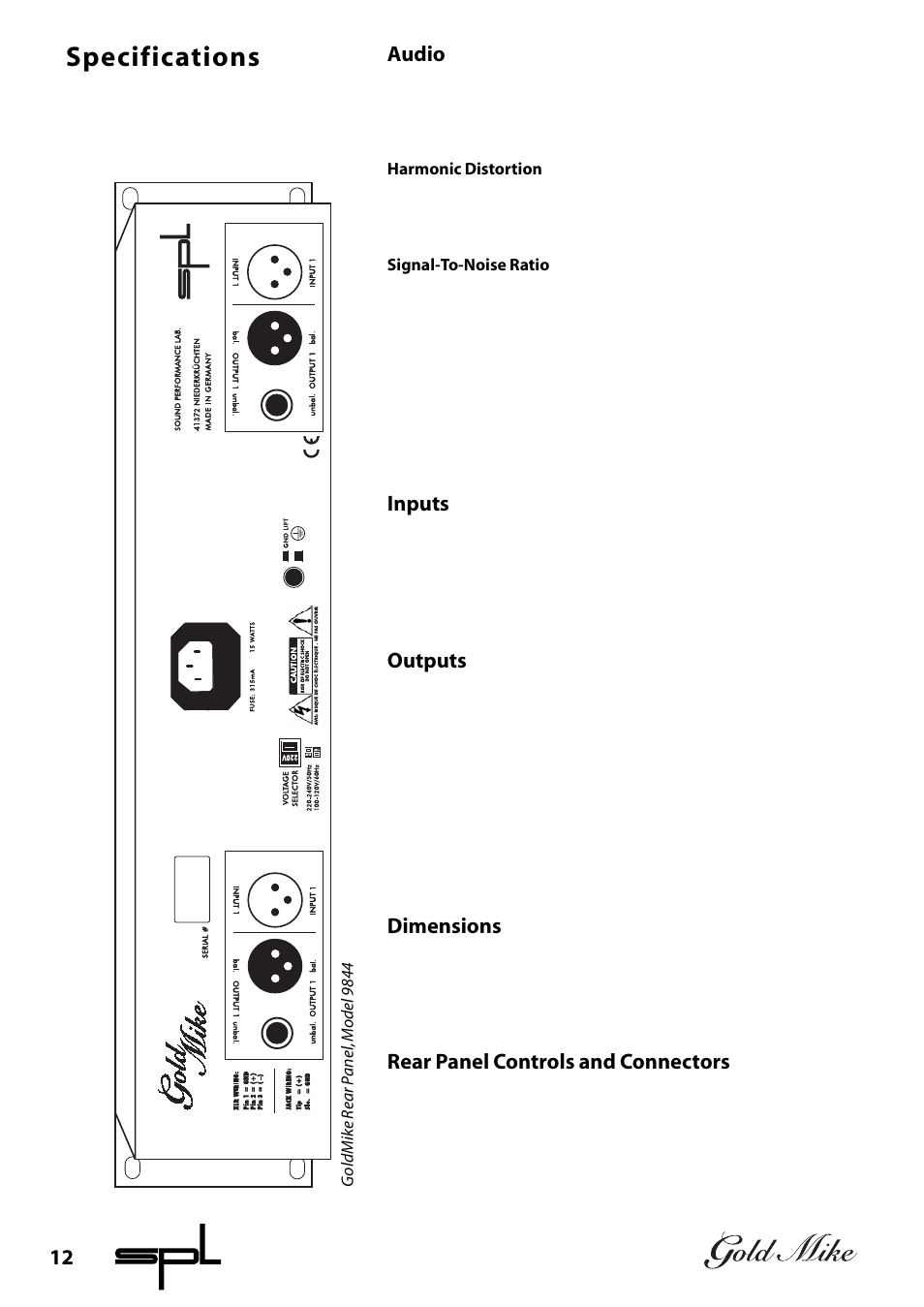 Specifications, 12 audio, Inputs | Outputs, Dimensions, Rear panel controls and connectors | Sound Performance Lab 9844 User Manual | Page 12 / 13