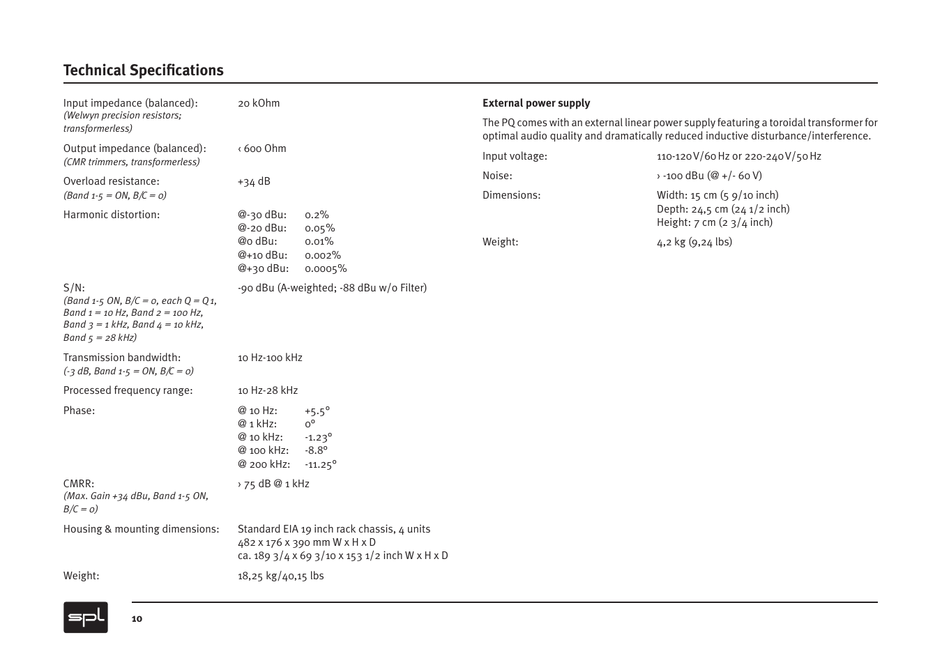 Technical speciﬁ cations | Sound Performance Lab PQ Mastering Equalizer User Manual | Page 10 / 12