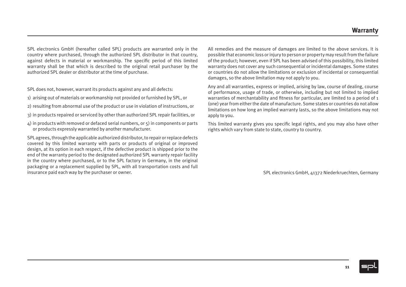 Warranty | Sound Performance Lab PQ Mastering Equalizer User Manual | Page 11 / 12