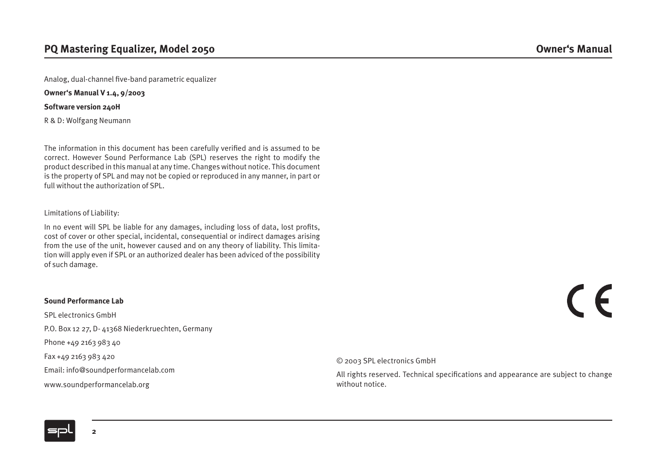 Sound Performance Lab PQ Mastering Equalizer User Manual | Page 2 / 12