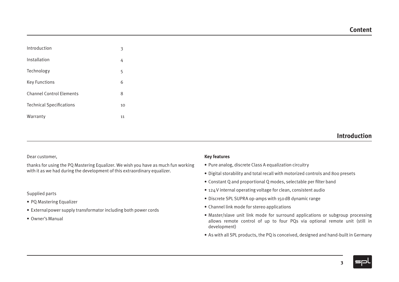 Content, Introduction | Sound Performance Lab PQ Mastering Equalizer User Manual | Page 3 / 12