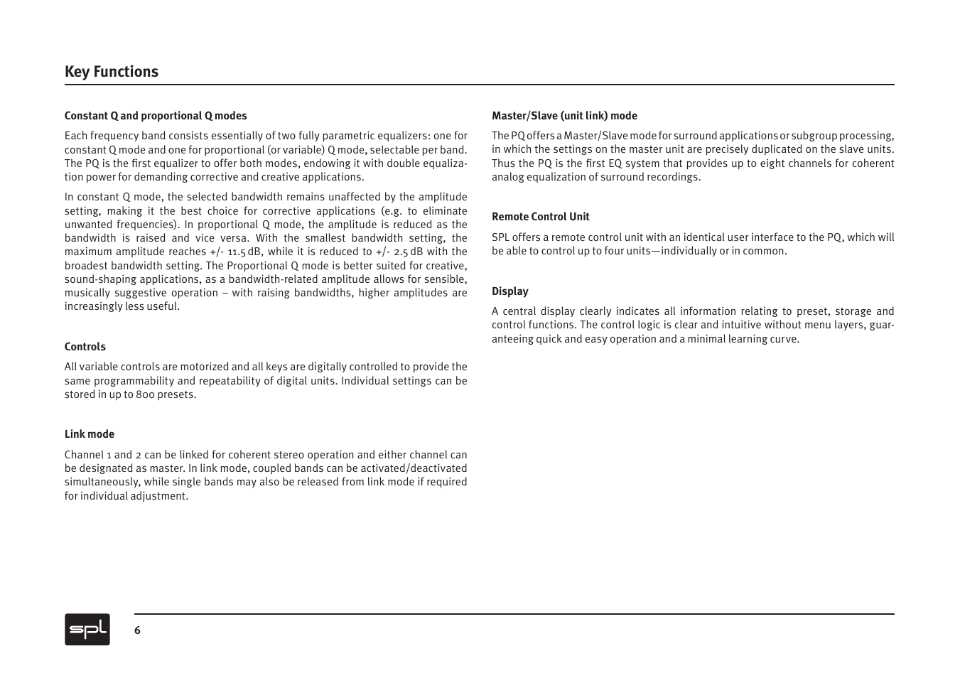 Key functions | Sound Performance Lab PQ Mastering Equalizer User Manual | Page 6 / 12