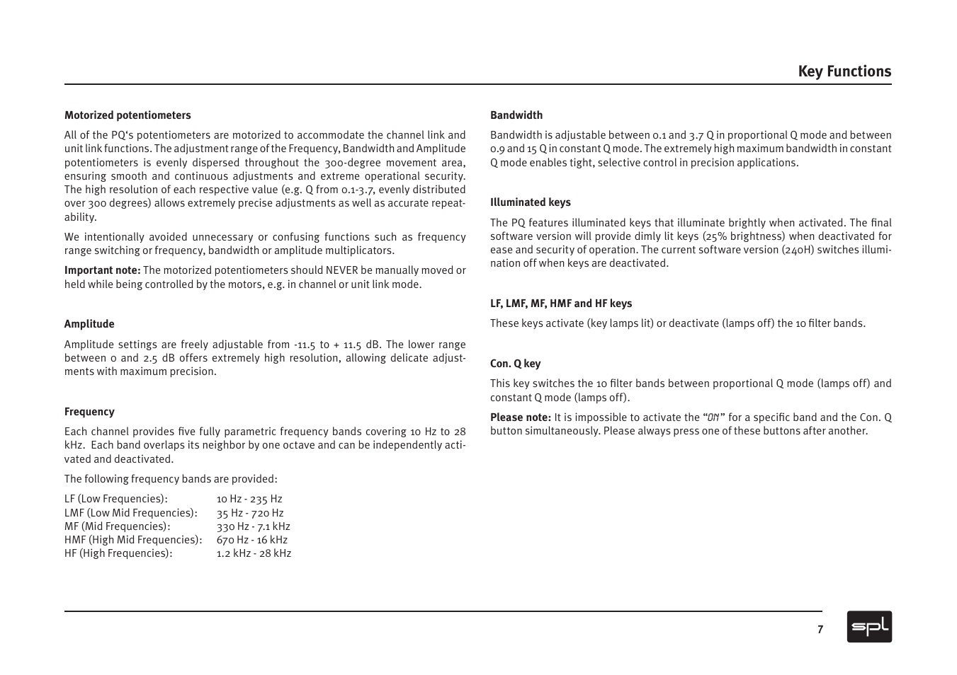 Key functions | Sound Performance Lab PQ Mastering Equalizer User Manual | Page 7 / 12