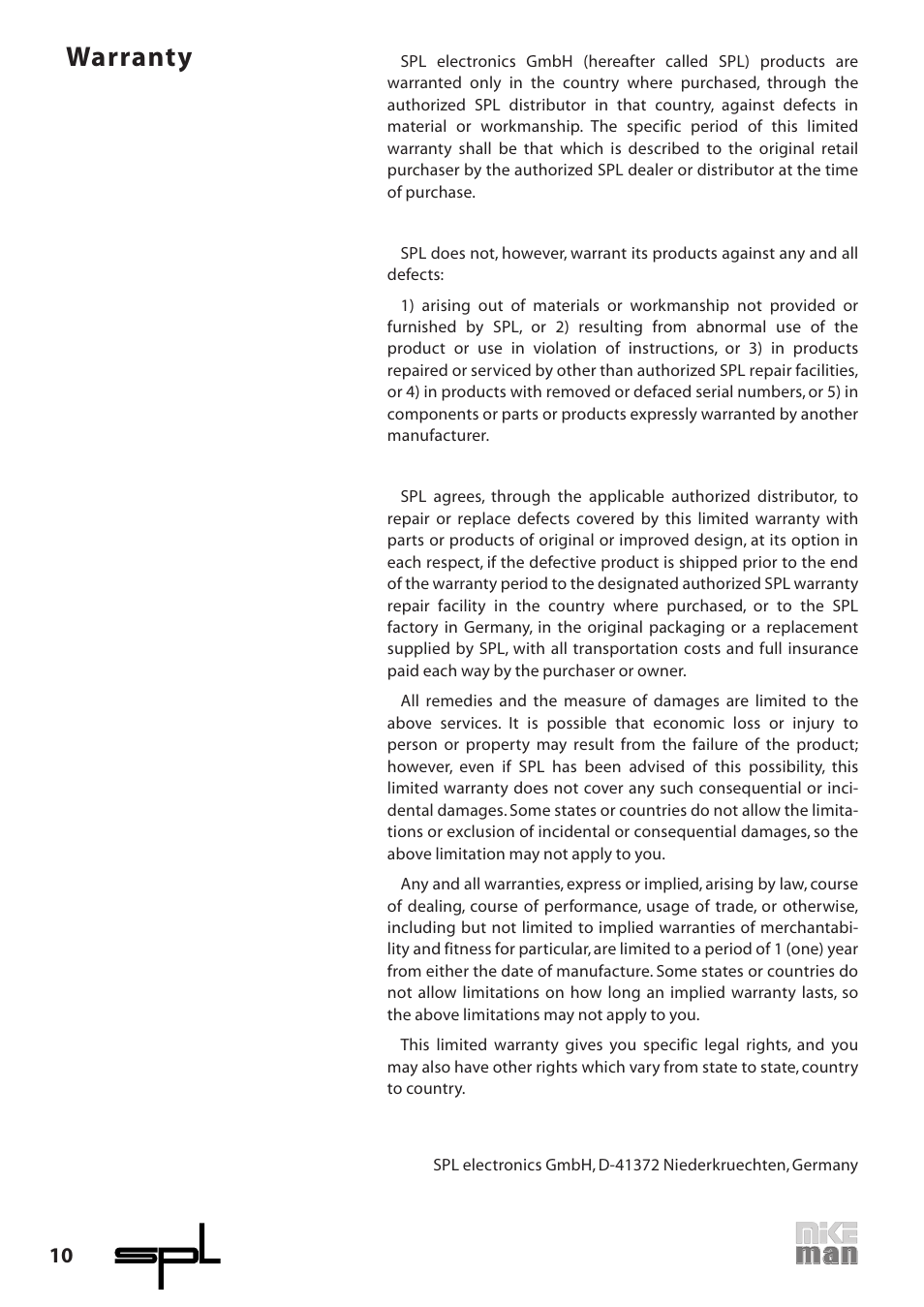 Warranty | Sound Performance Lab 9523 User Manual | Page 10 / 10