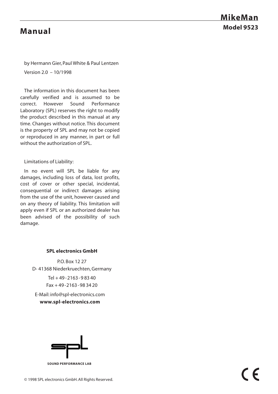 Mikeman, Manual, Model 9523 | Sound Performance Lab 9523 User Manual | Page 2 / 10