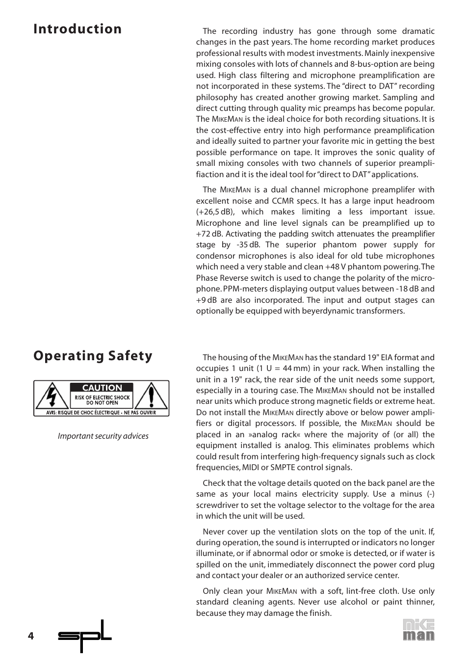 Introduction, Operating safety | Sound Performance Lab 9523 User Manual | Page 4 / 10