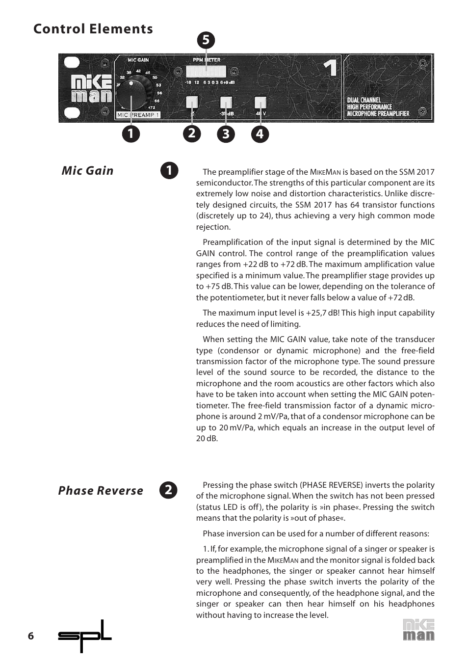 Control elements, Mic gain, Phase reverse | Sound Performance Lab 9523 User Manual | Page 6 / 10
