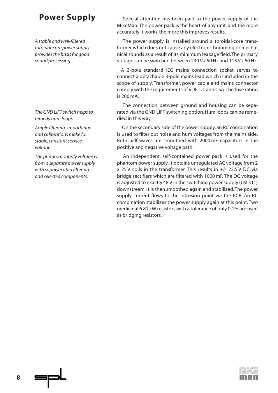 Power supply | Sound Performance Lab 9523 User Manual | Page 8 / 10