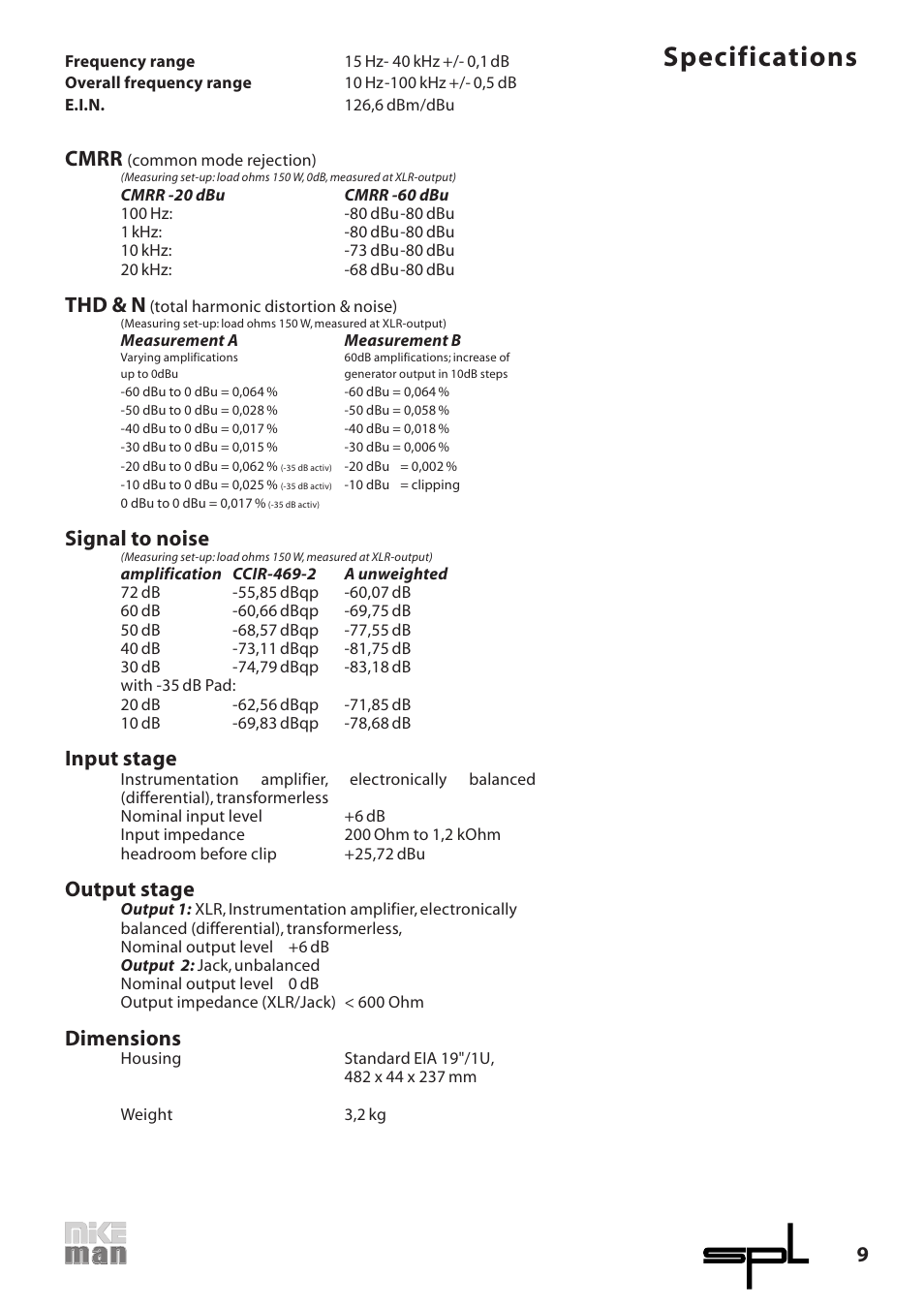 Specifications, Cmrr, Thd & n | Signal to noise, Input stage, Output stage, Dimensions | Sound Performance Lab 9523 User Manual | Page 9 / 10