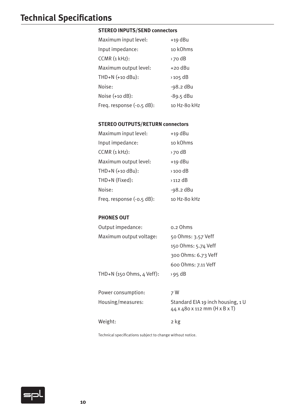 Technical speciﬁ cations | Sound Performance Lab 2269 User Manual | Page 10 / 12
