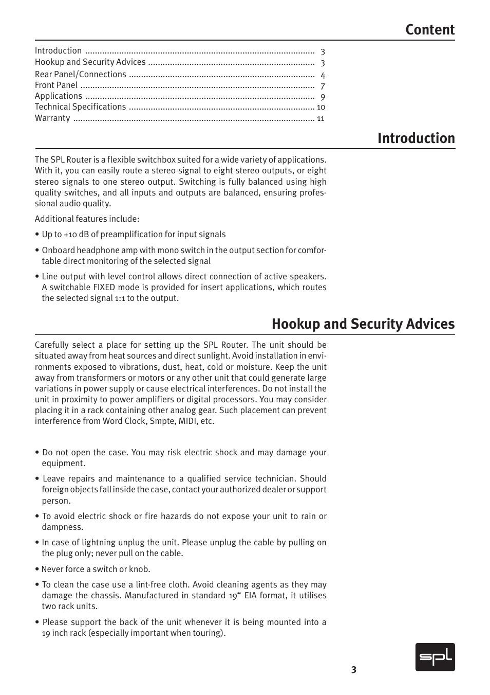 Content introduction hookup and security advices | Sound Performance Lab 2269 User Manual | Page 3 / 12