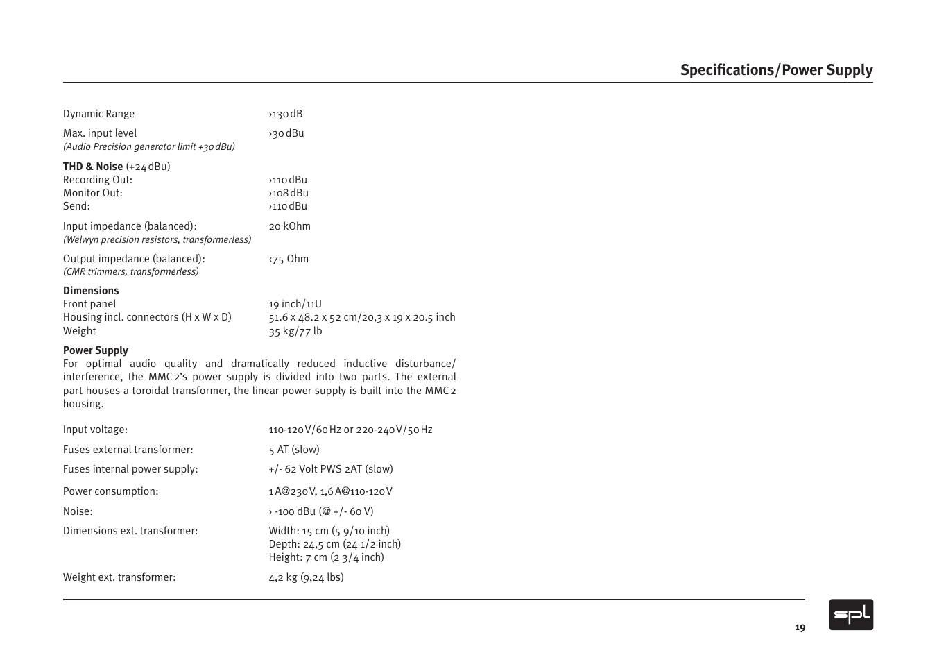 Speciﬁ cations/power supply | Sound Performance Lab MMC2 User Manual | Page 19 / 20