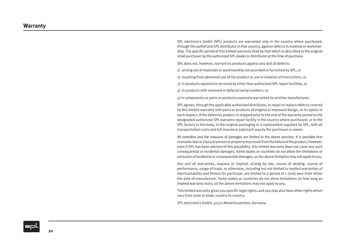 Warranty | Sound Performance Lab MMC2 User Manual | Page 20 / 20