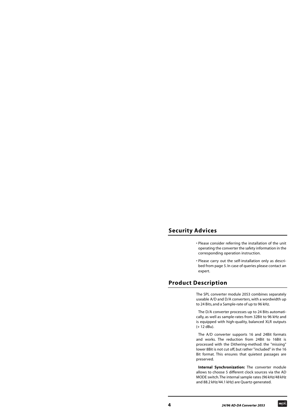 Security advices, Product description | Sound Performance Lab 2053 User Manual | Page 4 / 20