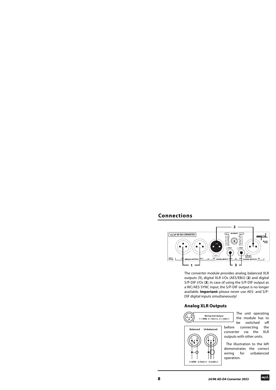 Connections, Analog xlr outputs | Sound Performance Lab 2053 User Manual | Page 8 / 20