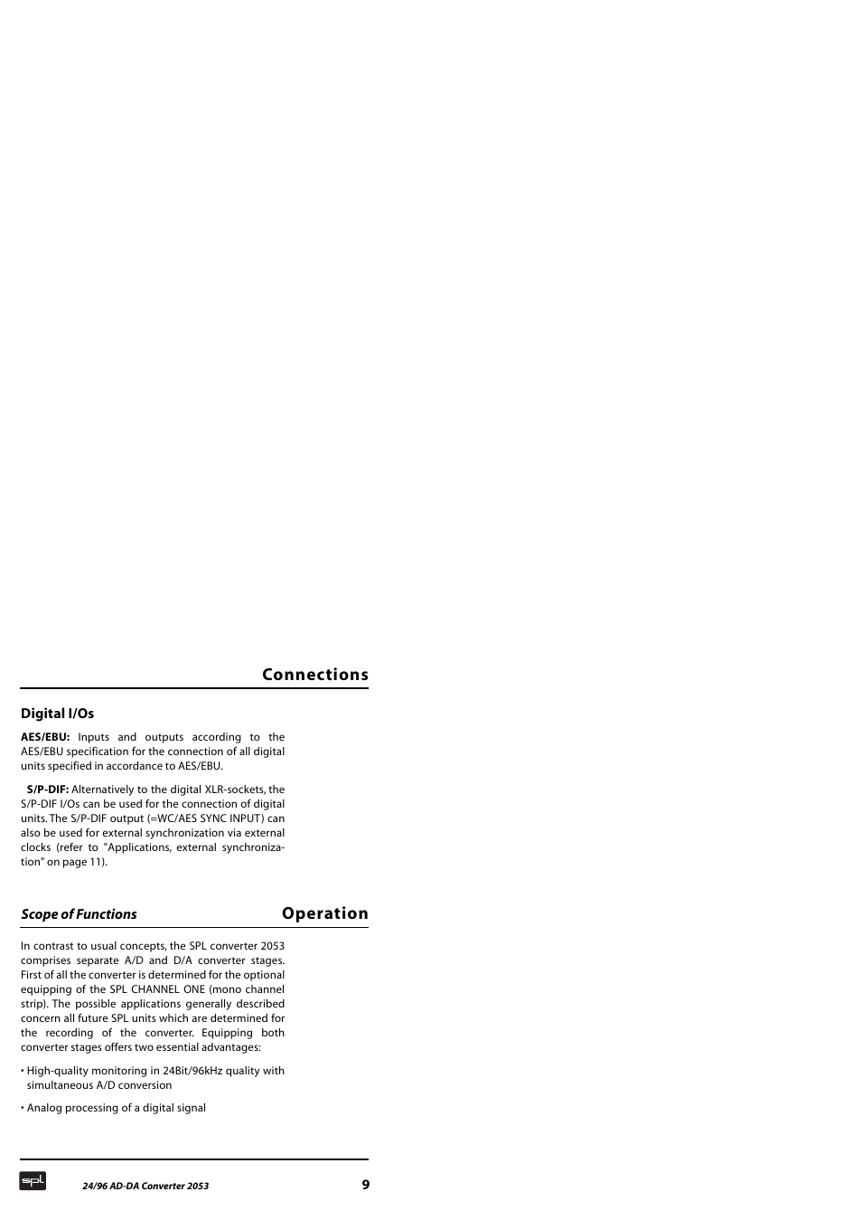 Connections, Operation | Sound Performance Lab 2053 User Manual | Page 9 / 20