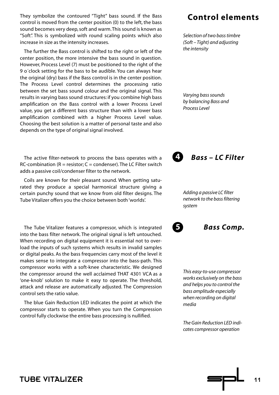 Tube vitalizer, Control elements, Bass – lc filter | Bass comp | Sound Performance Lab 9530 User Manual | Page 11 / 20