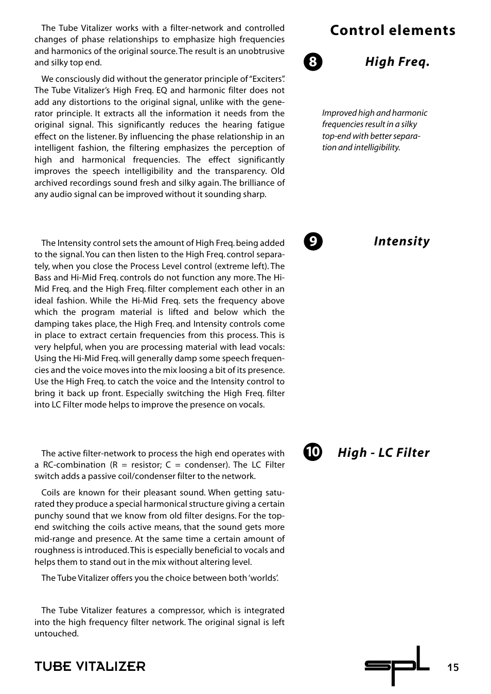 Tube vitalizer, 10 control elements, High freq. intensity | High - lc filter | Sound Performance Lab 9530 User Manual | Page 15 / 20