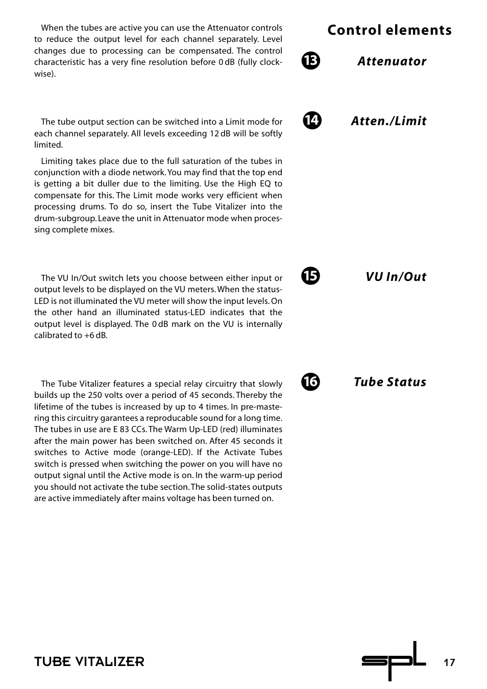 Tube vitalizer, Control elements 14 | Sound Performance Lab 9530 User Manual | Page 17 / 20
