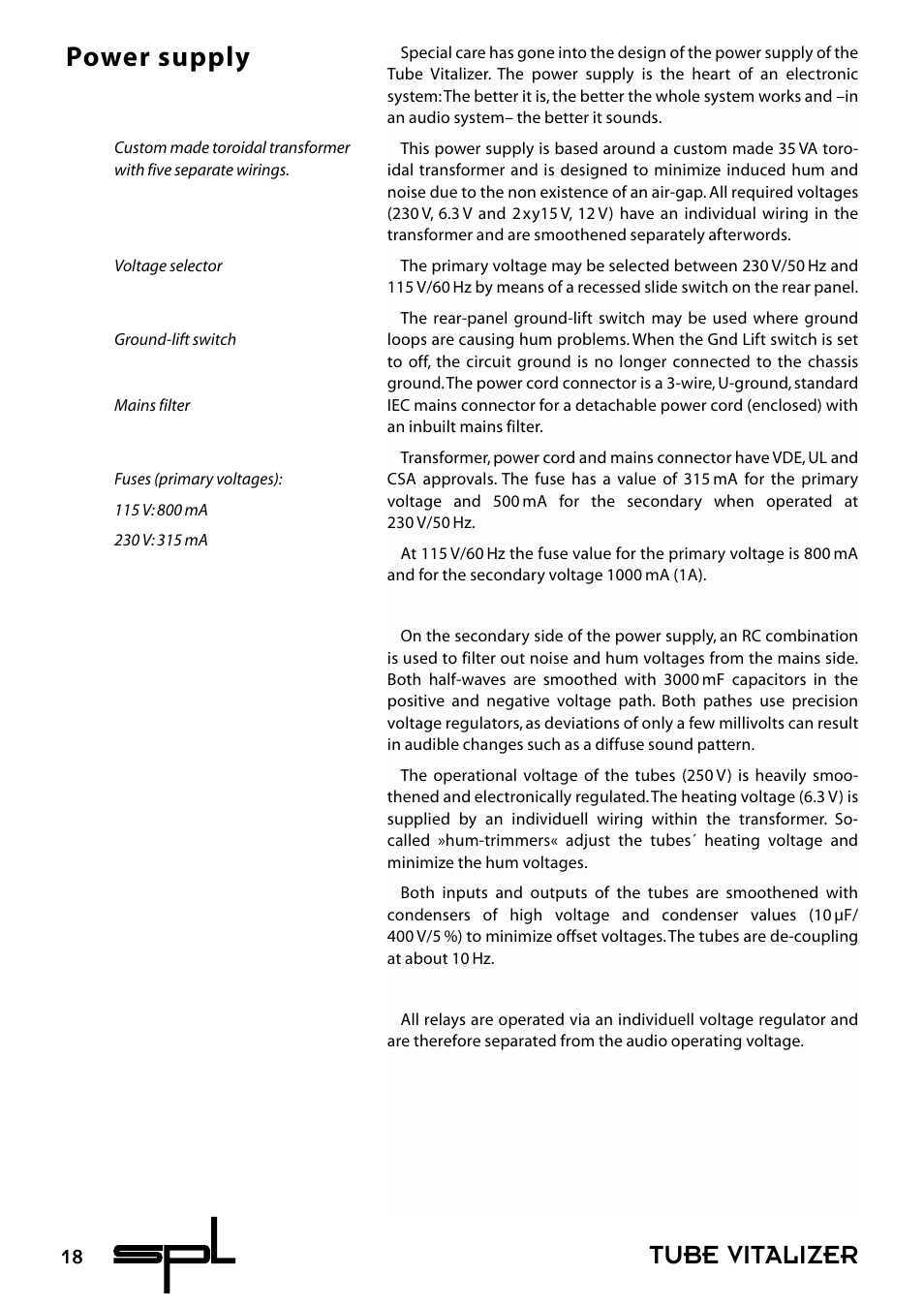 Tube vitalizer power supply | Sound Performance Lab 9530 User Manual | Page 18 / 20