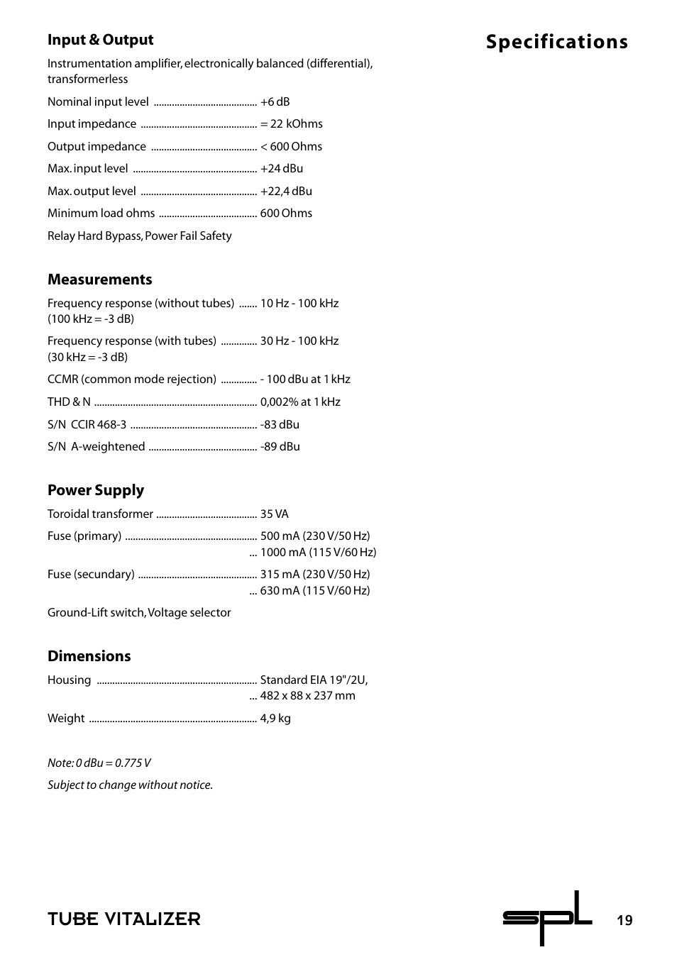 Tube vitalizer specifications, Input & output, Measurements | Power supply, Dimensions | Sound Performance Lab 9530 User Manual | Page 19 / 20