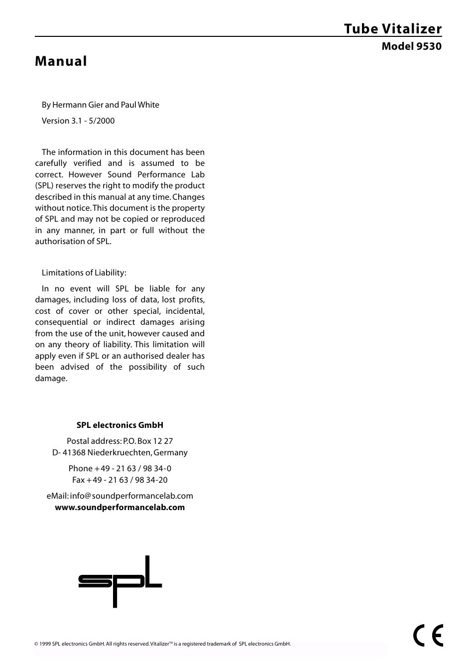 Tube vitalizer, Manual, Model 9530 | Sound Performance Lab 9530 User Manual | Page 2 / 20