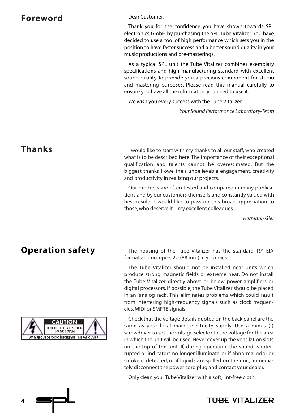 Tube vitalizer operation safety | Sound Performance Lab 9530 User Manual | Page 4 / 20