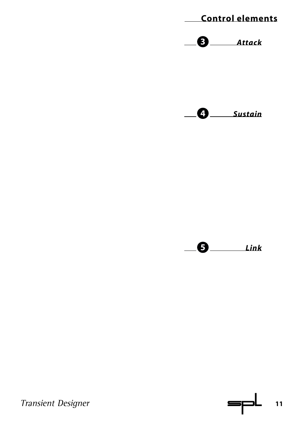 Transient designer, Control elements, Sustain | Attack, Link | Sound Performance Lab 9842 User Manual | Page 11 / 17