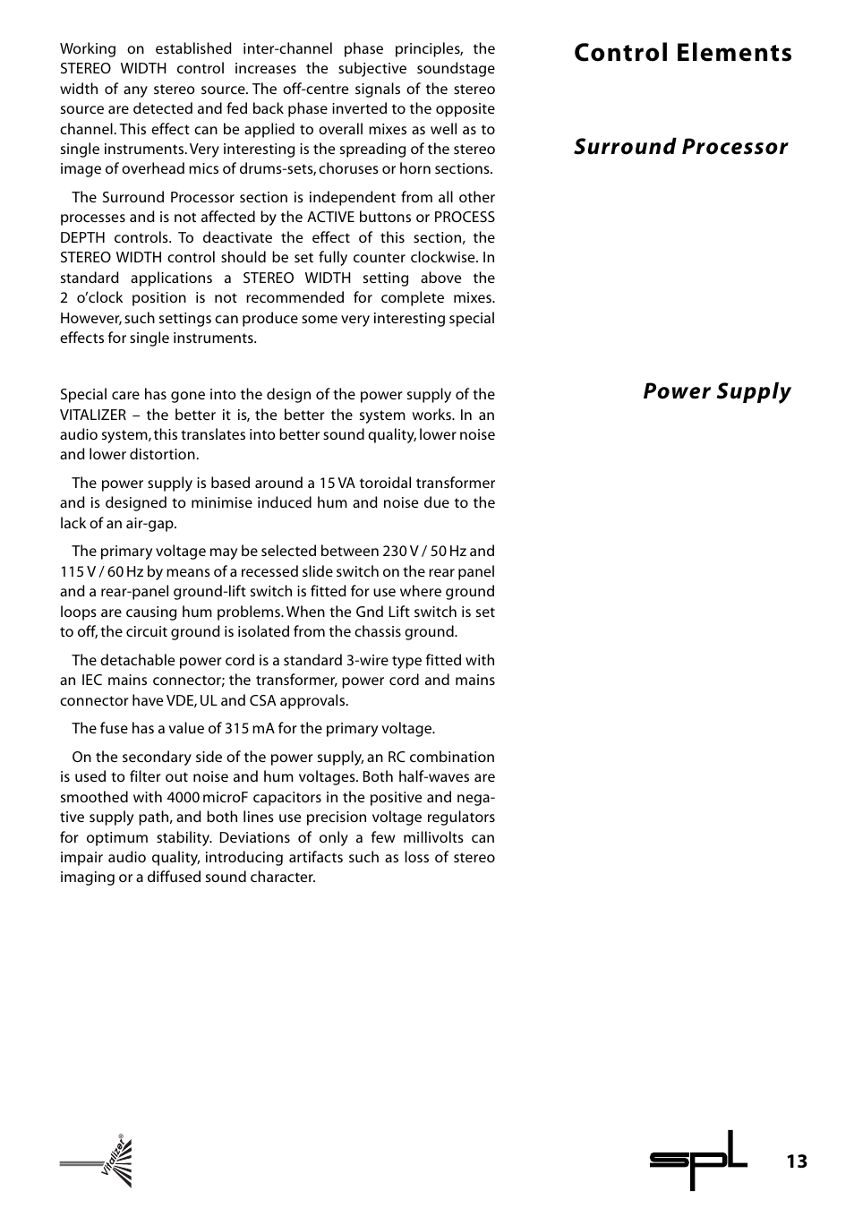 Control elements, Surround processor power supply | Sound Performance Lab Classic Vitalizer 9215 User Manual | Page 13 / 15