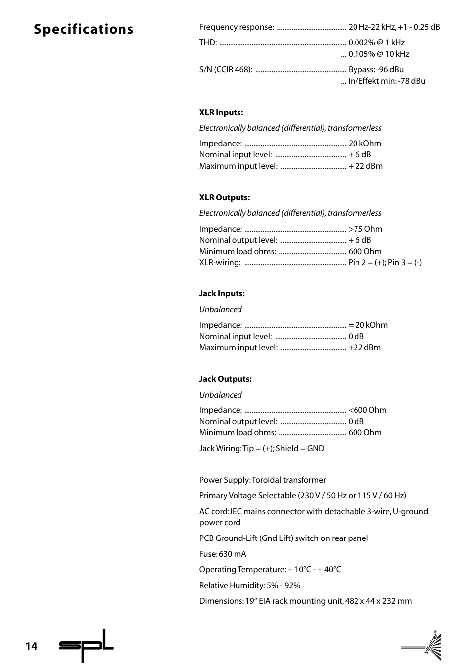 Specifications | Sound Performance Lab Classic Vitalizer 9215 User Manual | Page 14 / 15