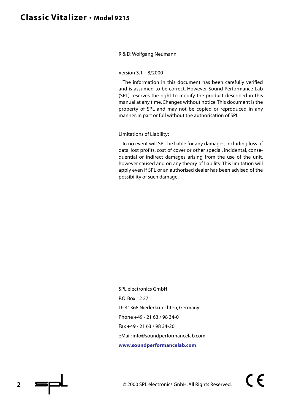 Classic vitalizer, Model 9215 | Sound Performance Lab Classic Vitalizer 9215 User Manual | Page 2 / 15