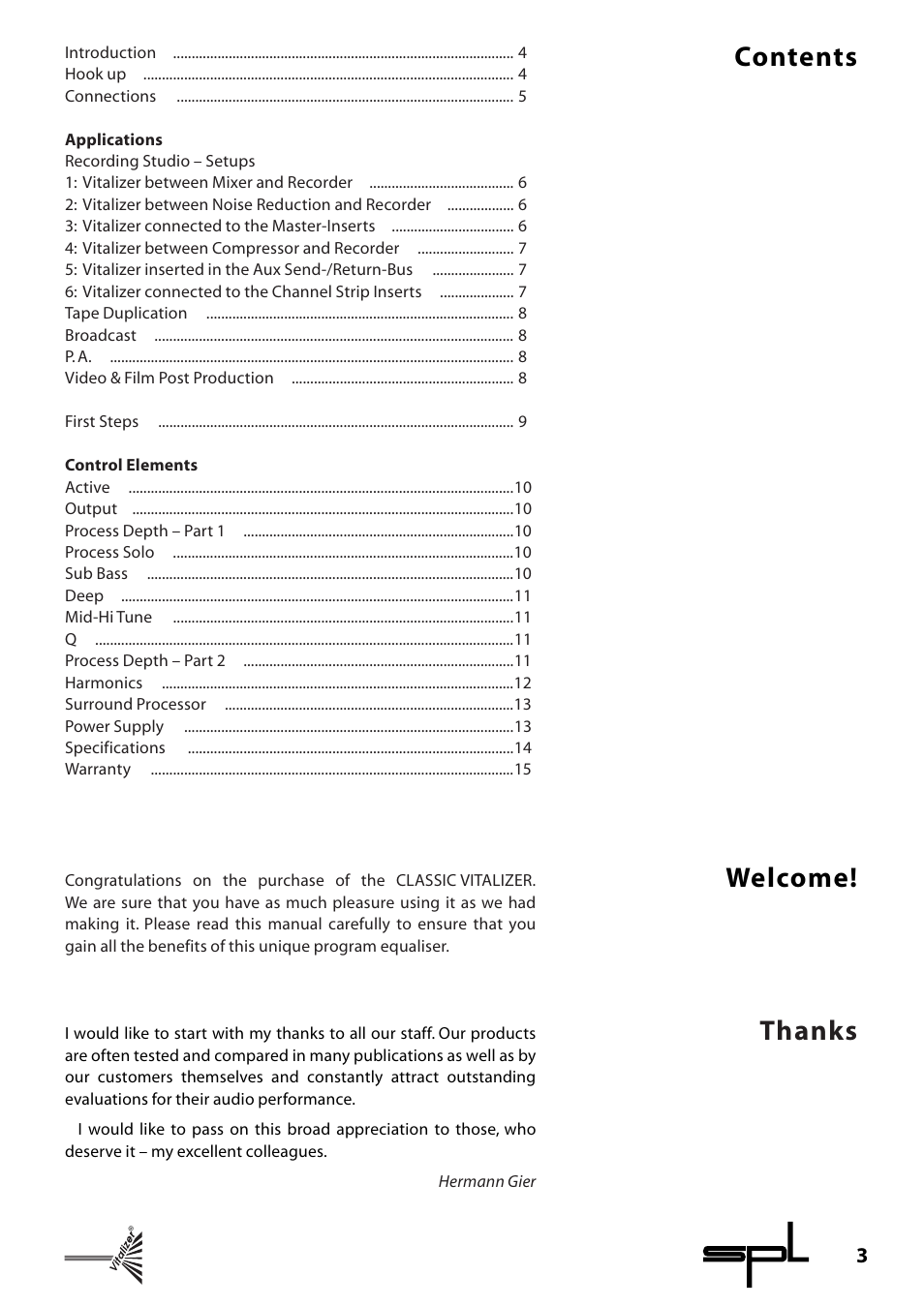 Contents welcome | Sound Performance Lab Classic Vitalizer 9215 User Manual | Page 3 / 15