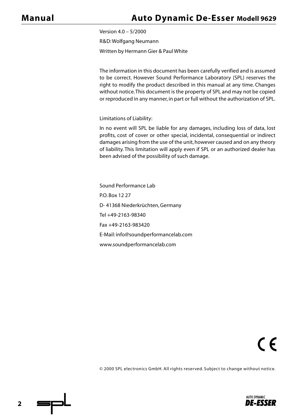 Manual auto dynamic de-esser | Sound Performance Lab Audio Equalizer 9629 User Manual | Page 2 / 9