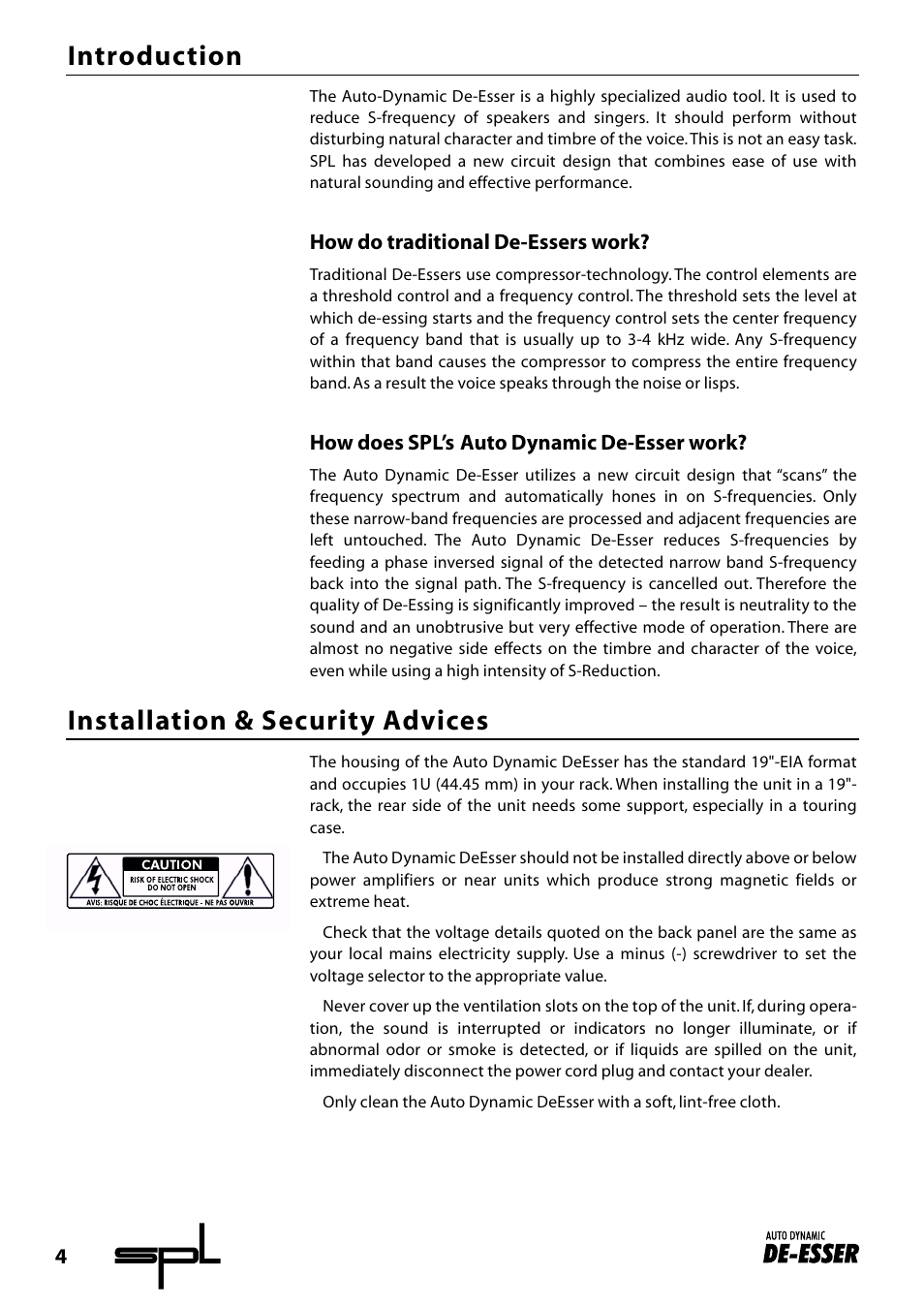 Introduction, Installation & security advices | Sound Performance Lab Audio Equalizer 9629 User Manual | Page 4 / 9