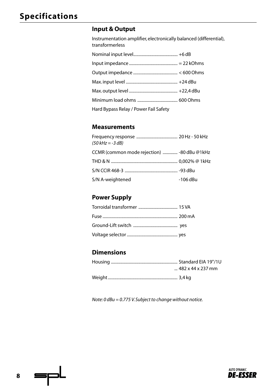 Specifications, Input & output, Measurements | Power supply, Dimensions | Sound Performance Lab Audio Equalizer 9629 User Manual | Page 8 / 9