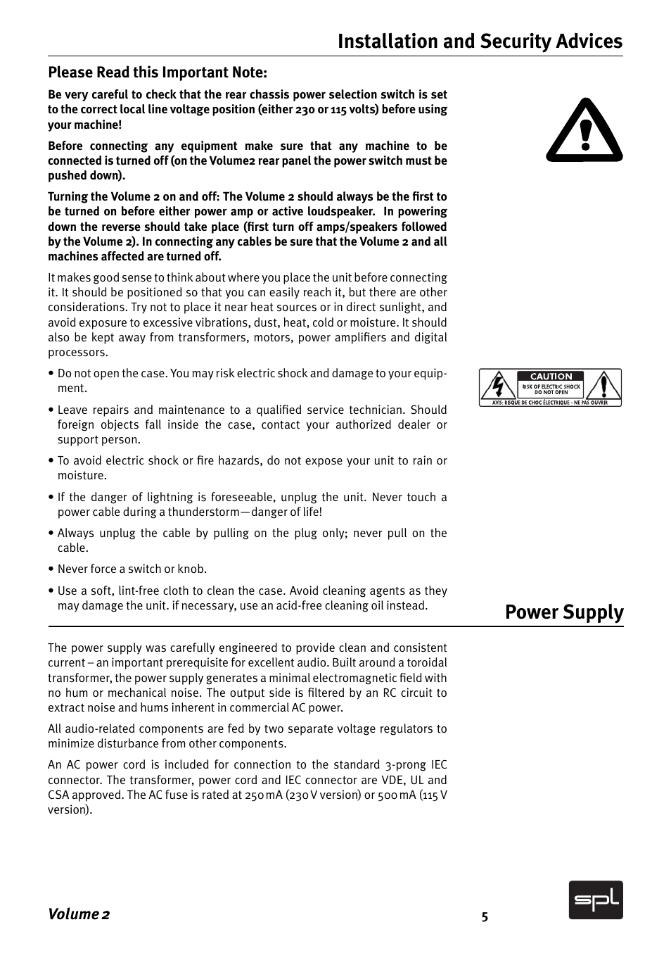 Installation and security advices power supply | Sound Performance Lab Analog Mixer User Manual | Page 5 / 12