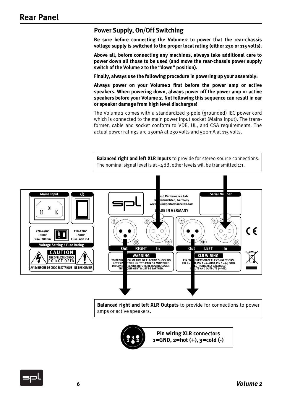 Rear panel, Volume 2, Power supply, on/off switching | 1joxjsjoh9-3dpoofdupst (/% ipu dpme | Sound Performance Lab Analog Mixer User Manual | Page 6 / 12