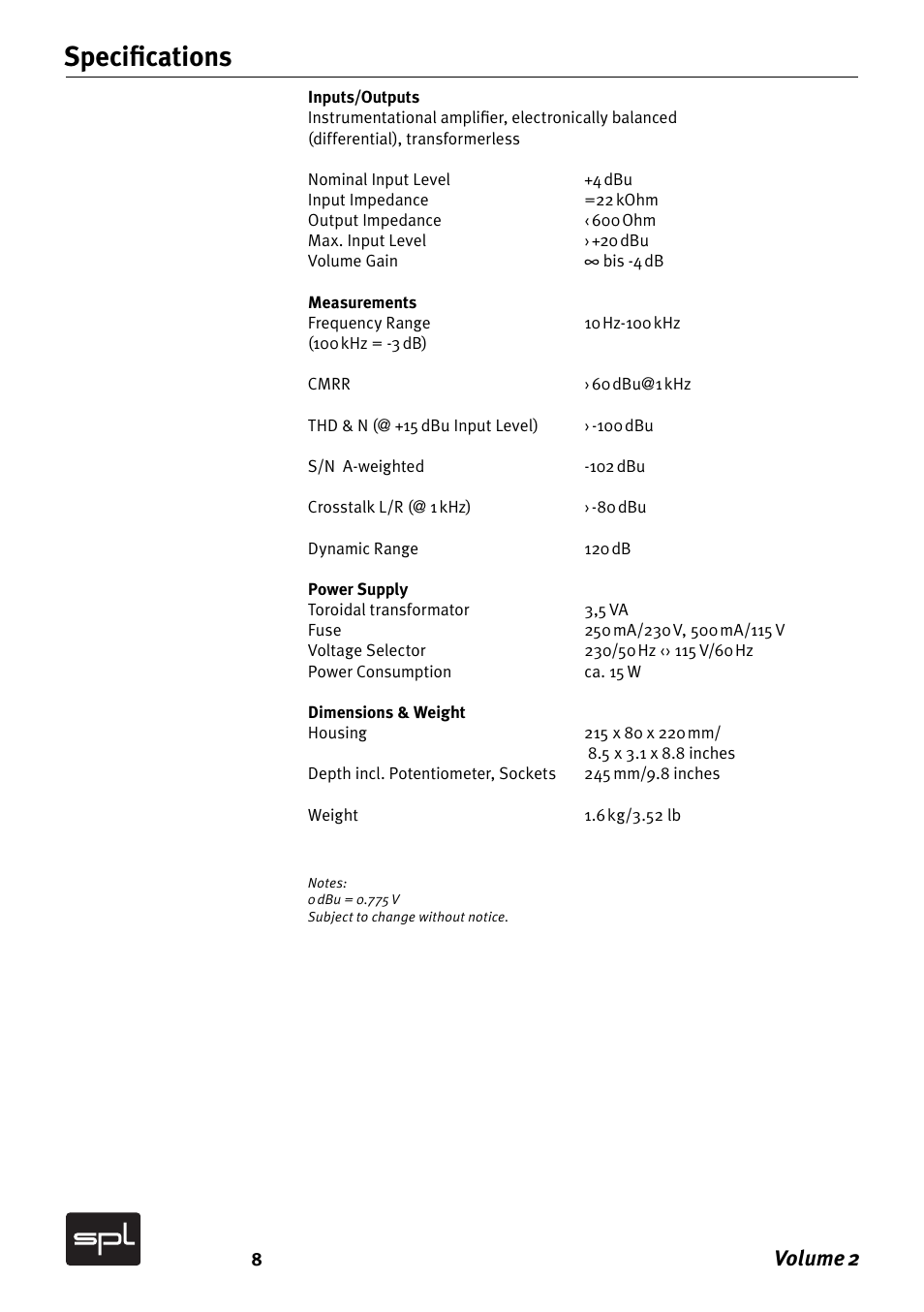 Speciﬁ cations, Volume 2 | Sound Performance Lab Analog Mixer User Manual | Page 8 / 12