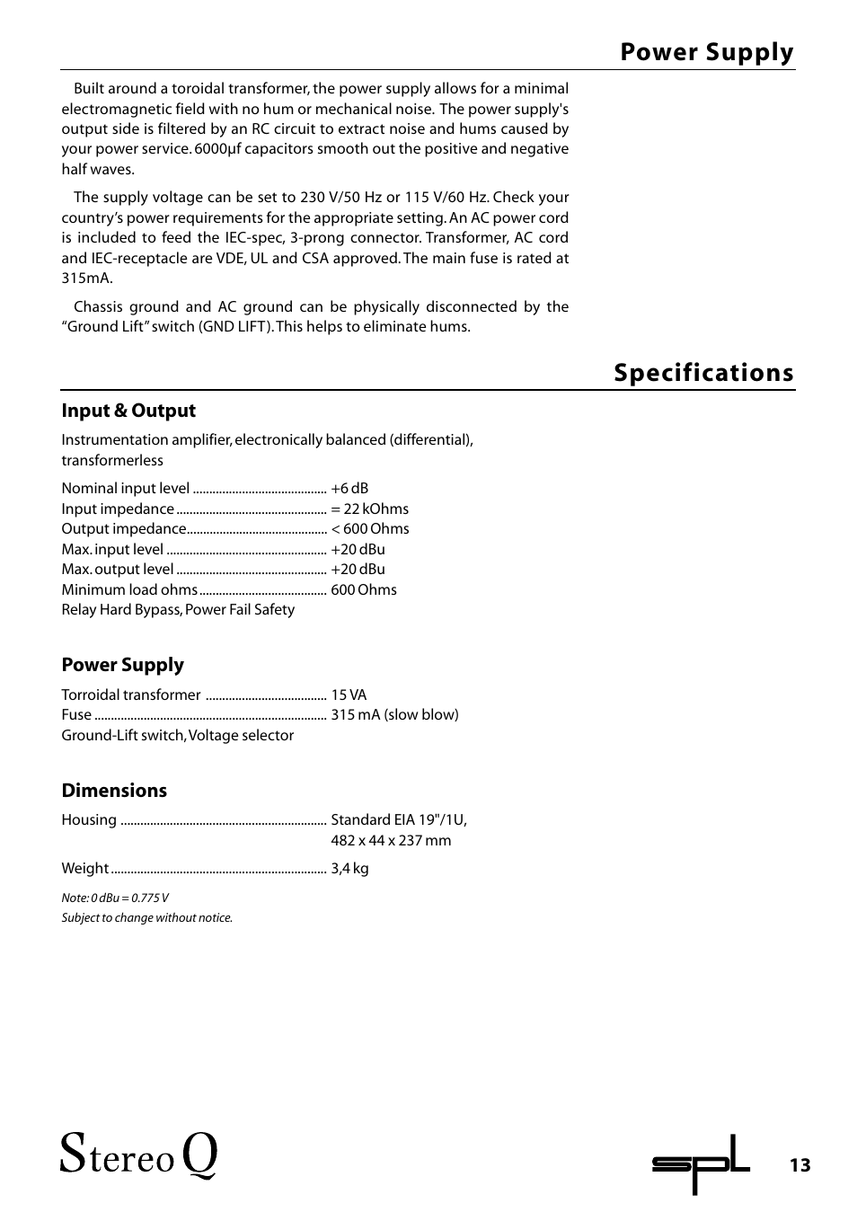 Power supply specifications | Sound Performance Lab 2048 User Manual | Page 13 / 16