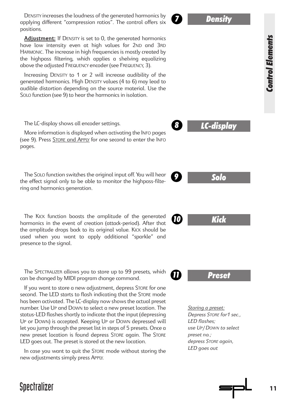Spectralizer, Control elements, Density | Lc-display, Solo, Kick, Preset | Sound Performance Lab 9631 User Manual | Page 11 / 17
