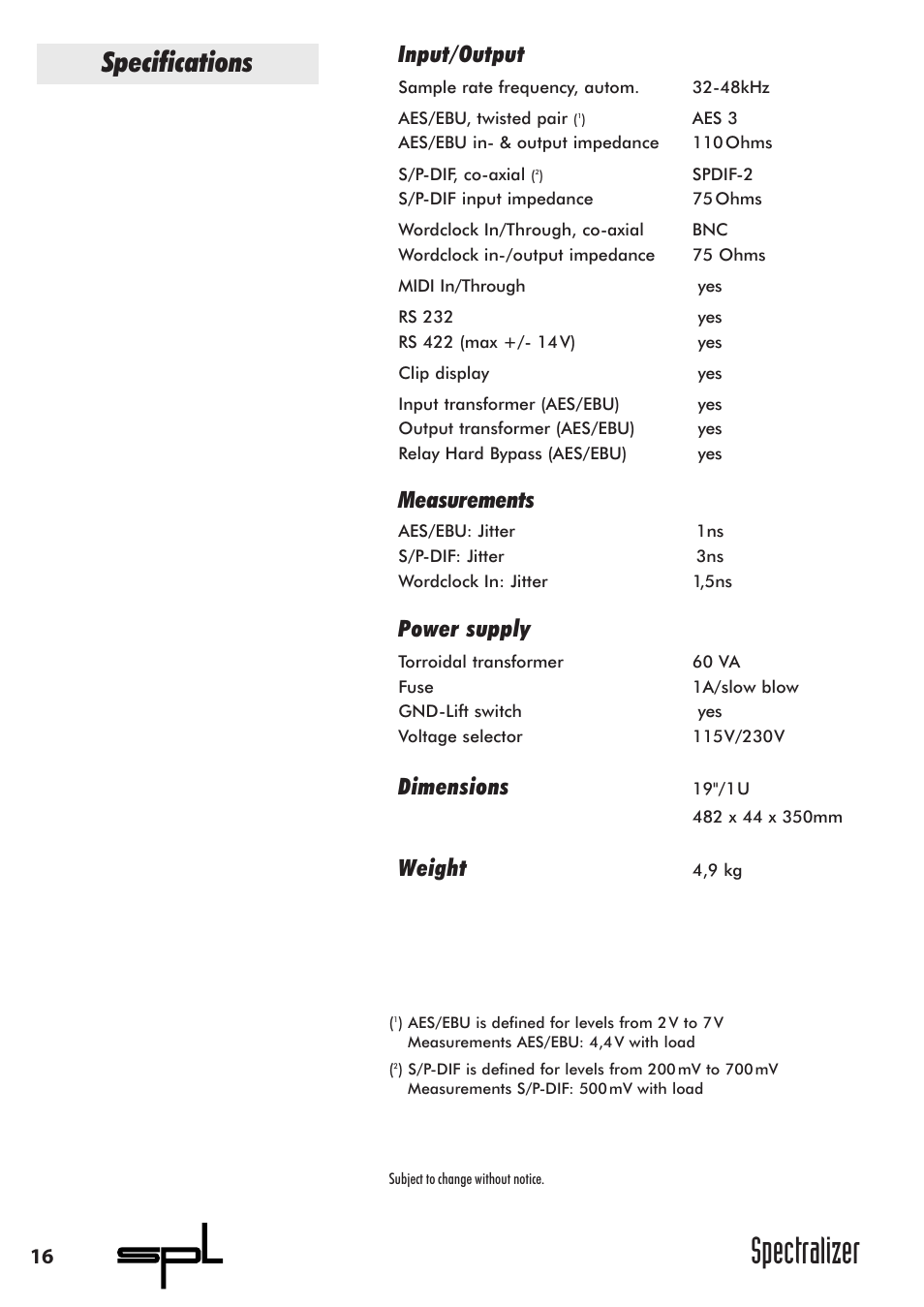 Spectralizer, Specifications, Input/output | Measurements, Power supply, Dimensions, Weight | Sound Performance Lab 9631 User Manual | Page 16 / 17