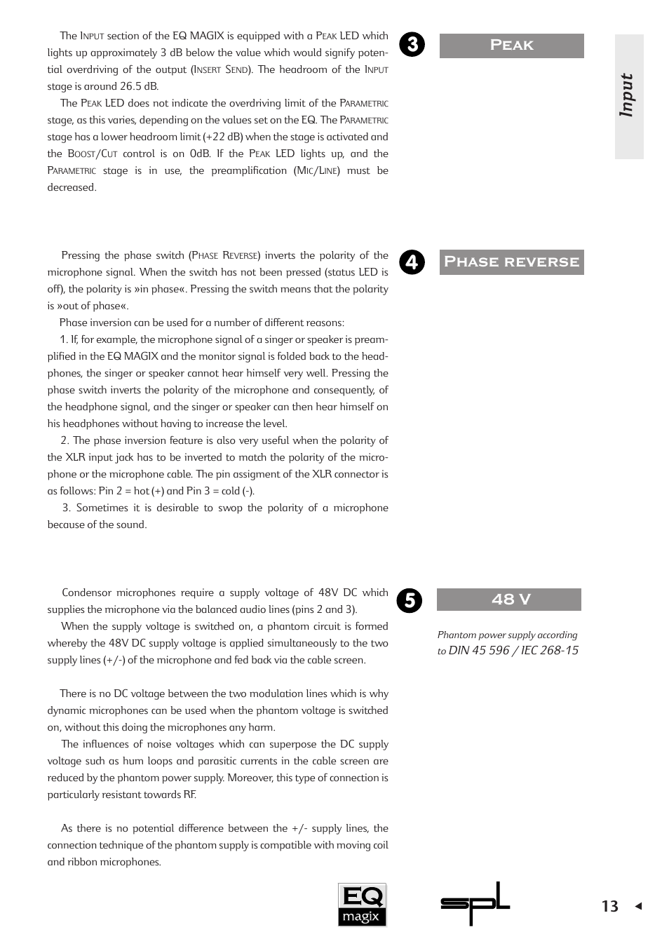 Input, Peak 3 phase reverse 4, 48 v 5 | Sound Performance Lab EQ MAGIX User Manual | Page 13 / 30