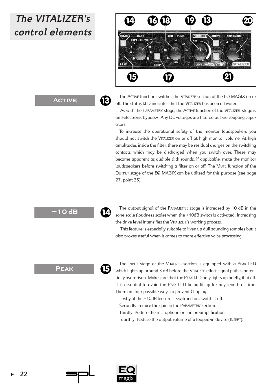 The vitalizer's control elements, Active peak +10 b | Sound Performance Lab EQ MAGIX User Manual | Page 22 / 30