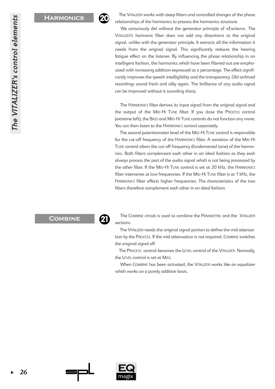 The vitalizer's control elements, Combine 21, Harmonics 20 | Sound Performance Lab EQ MAGIX User Manual | Page 26 / 30